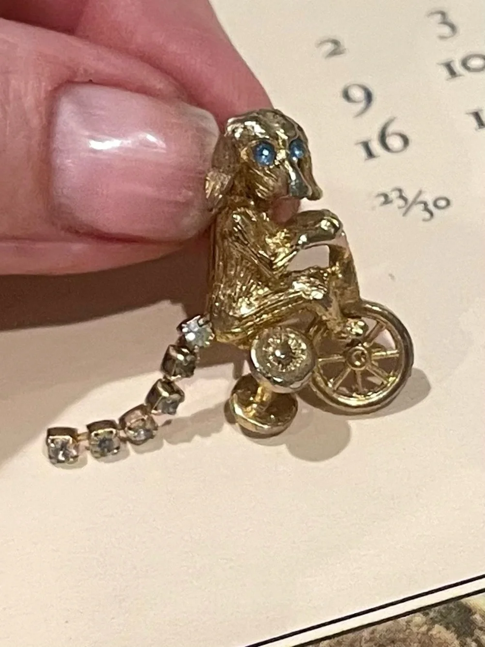 Frank Gargano Rare Puppy on Tricycle Brooch w/ Blue Topaz Eyes & Rhinestone Tail